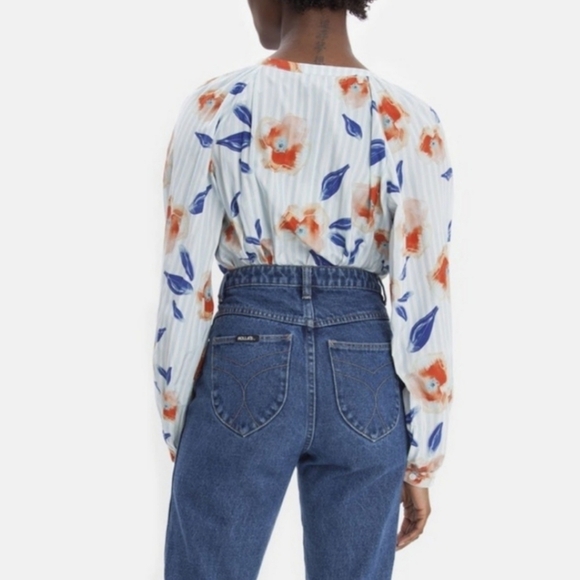 Tucker Blue V Neck Striped Floral Print Silk Tie Neck Party Blouse Top - Picture 3 of 11